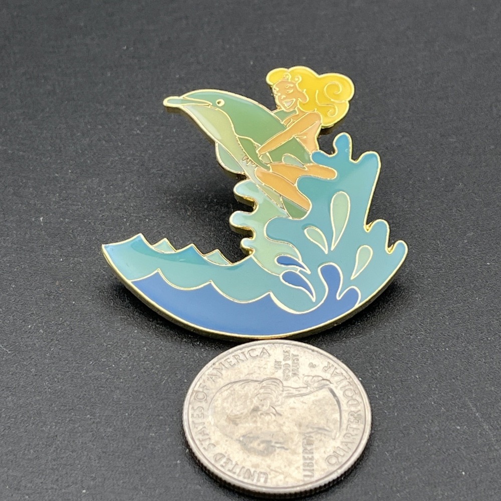 Pin Up Blonde‎ Woman Riding Dolphin Waves Lapel Hat Pin - Picture 2 of 3